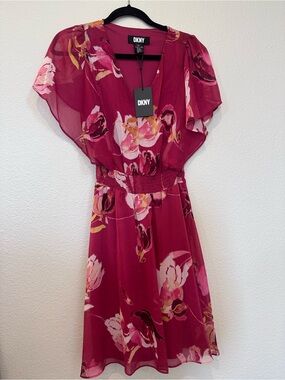 DKNY Floral Chiffon Dress NWT Small Flutter Sleeve Pink Red Smocked Waist